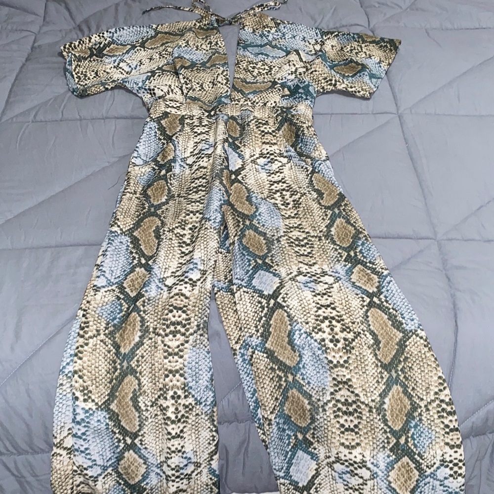 Buddy Love Snake Print Wide Leg Jumpsuit in Cream, Tan & Blue